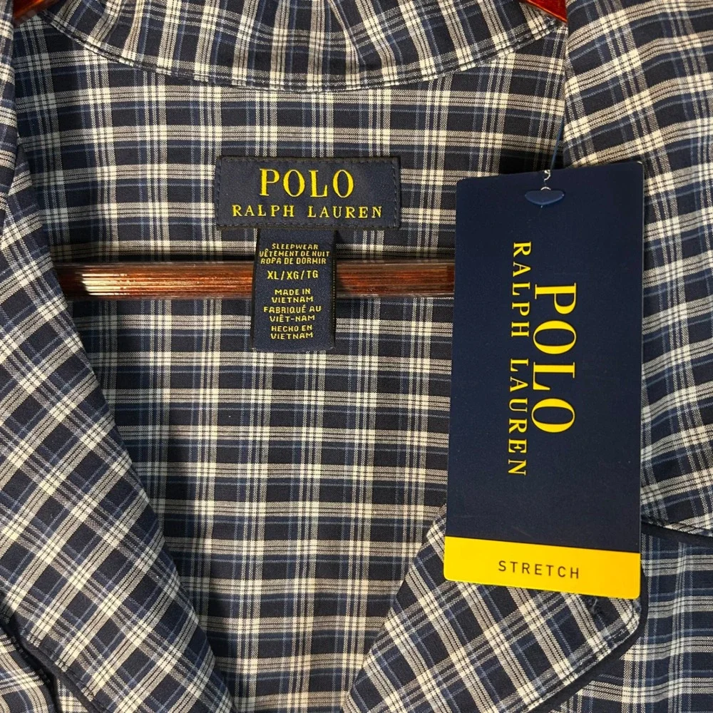 Polo Ralph Lauren Mens XL Pajama Shirt Navy Blue White Plaid Cotton Stretch NWT